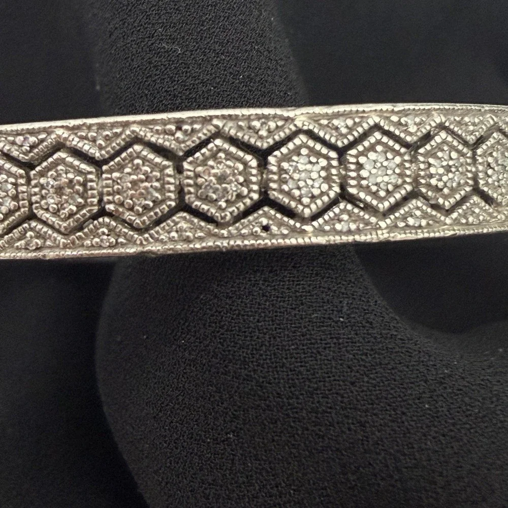Vtg 925 Sterling Silver Diamond Cuff Bracelet Open Work Honey Comb Designer JSP